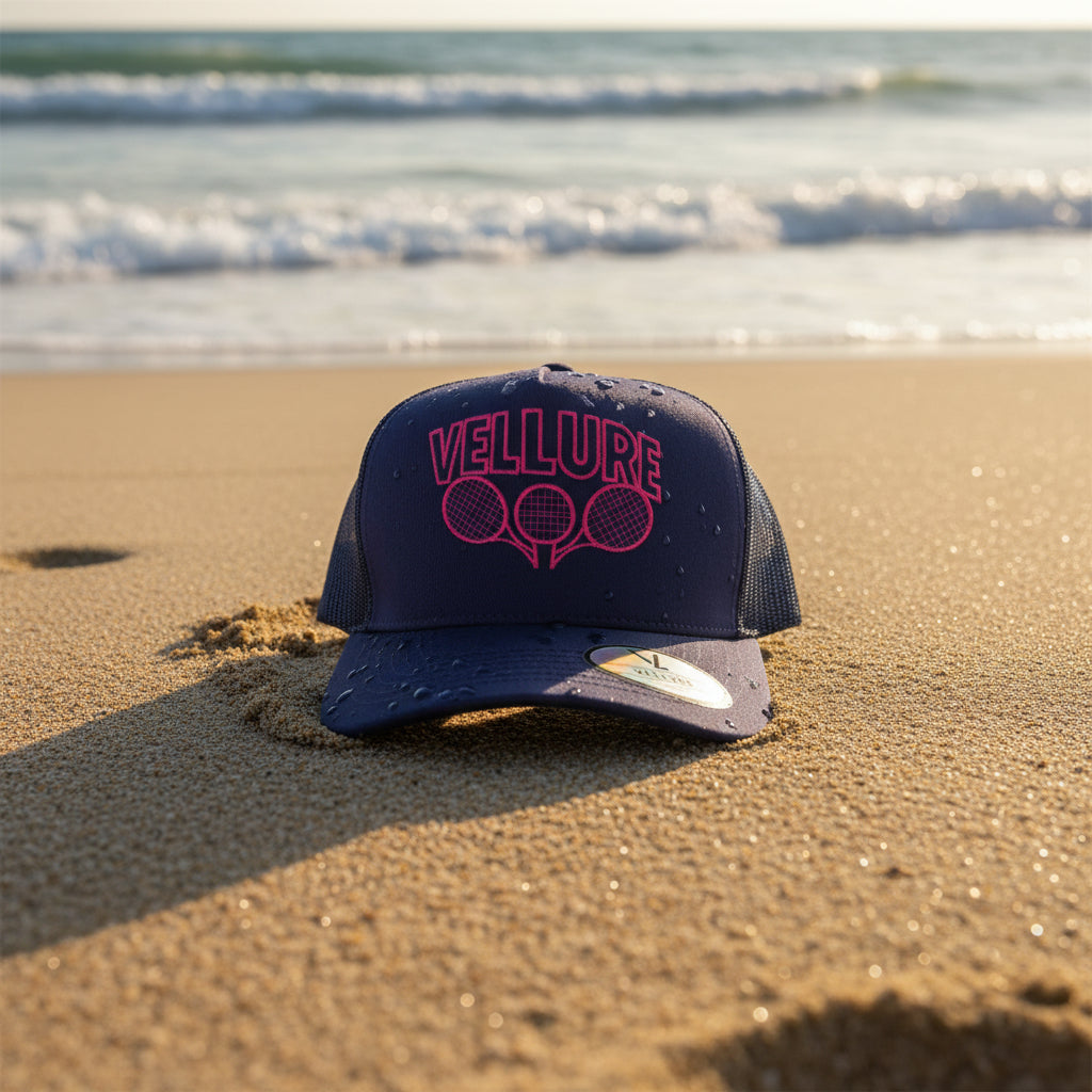 Navy VELLURE Trucker Cap – Pink Logo Limited Edition