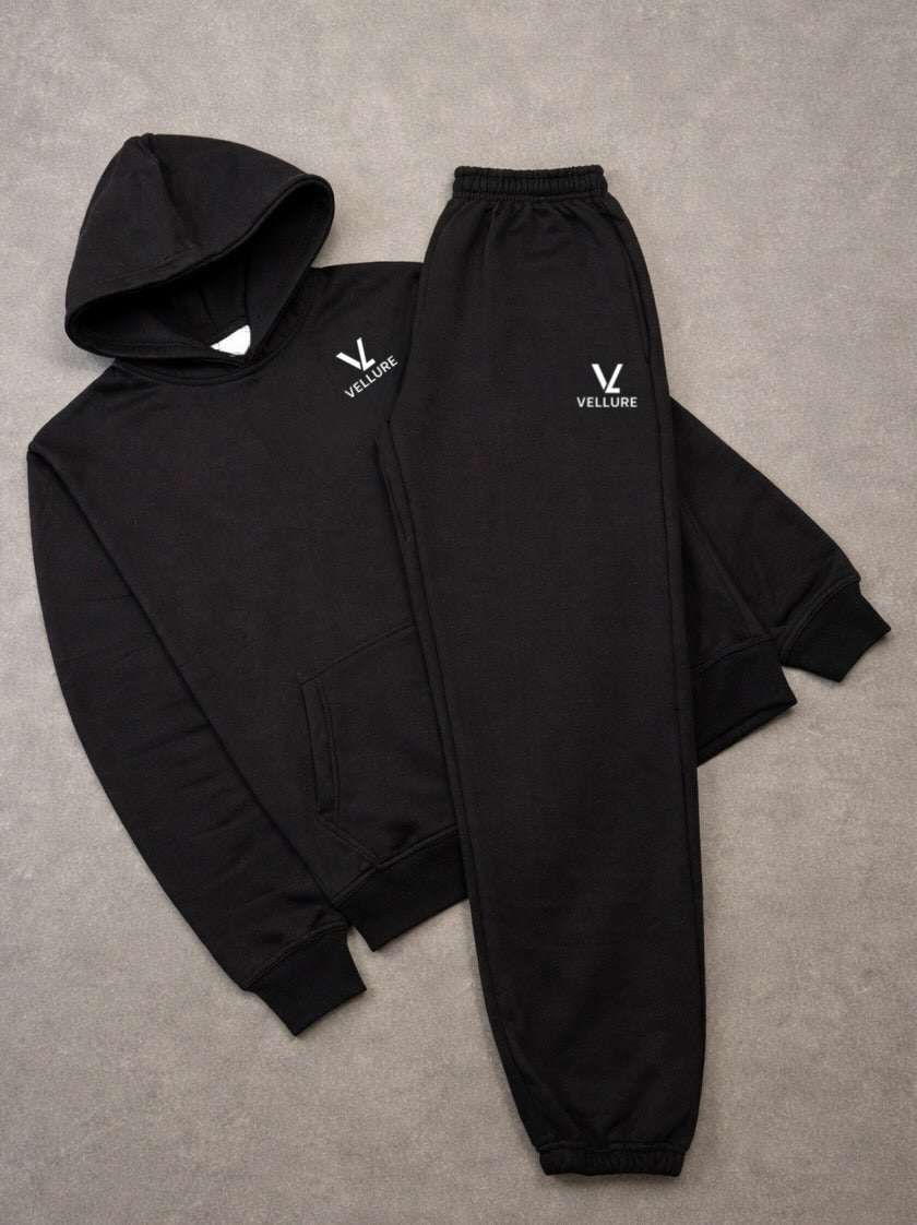 Black Cotton Fleece Hooded Tracksuit