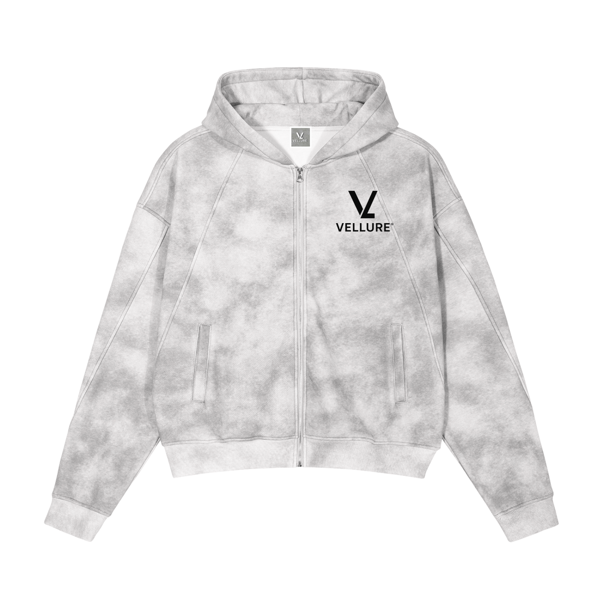 Flower Grey Dirty-Washed Zip-Up Fleece Hoodie