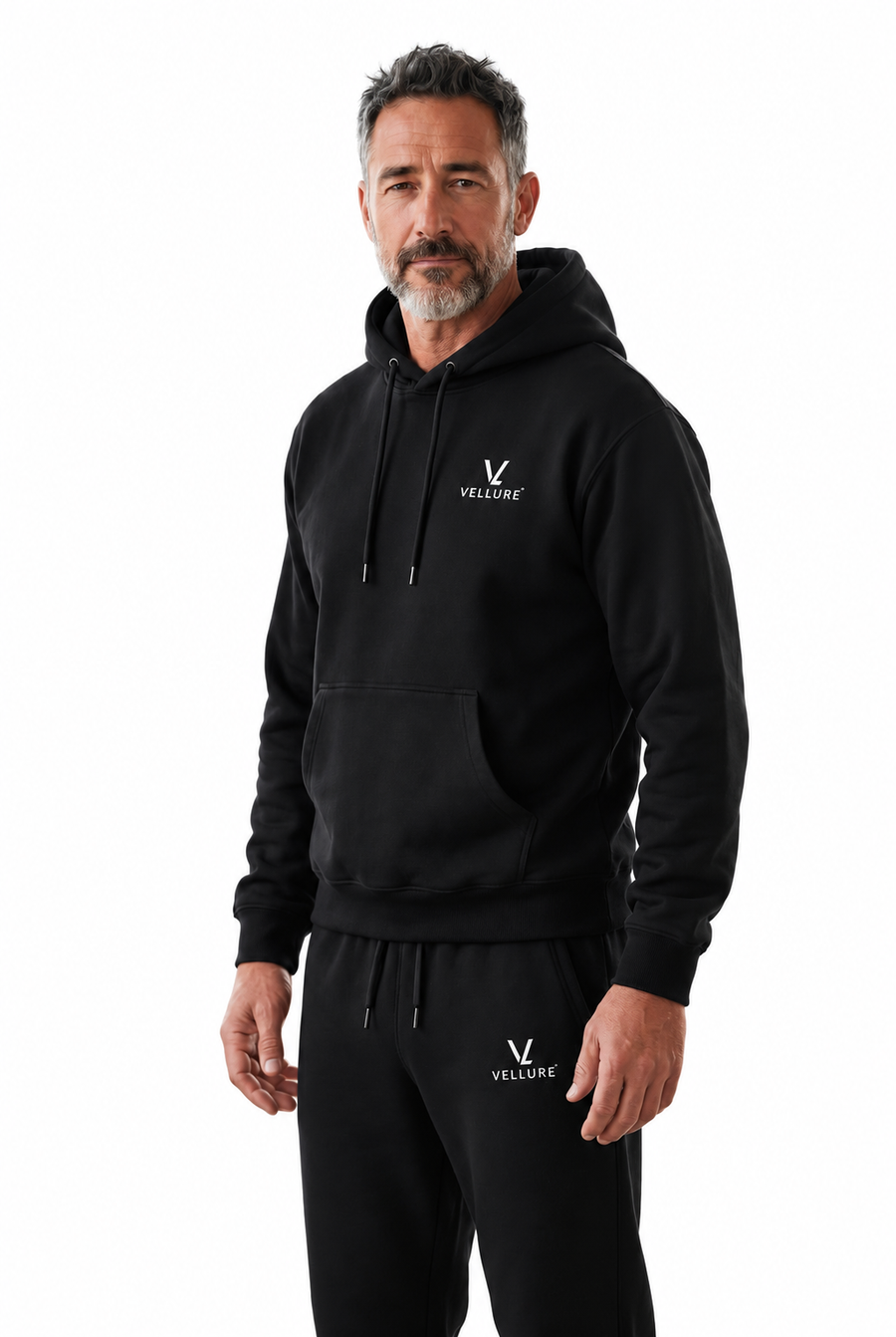 Black Cotton Fleece Hooded Tracksuit v1 end of line on a plain white background