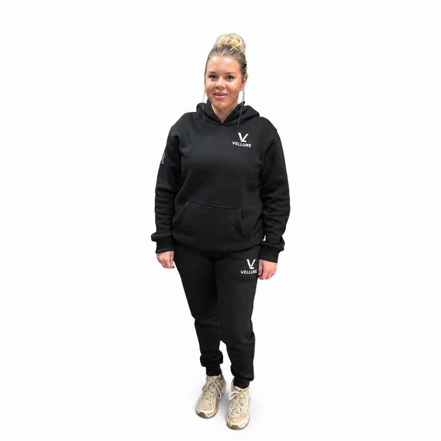 Black VELLURE Cotton Fleece Hooded Tracksuit V2 on a plain white background