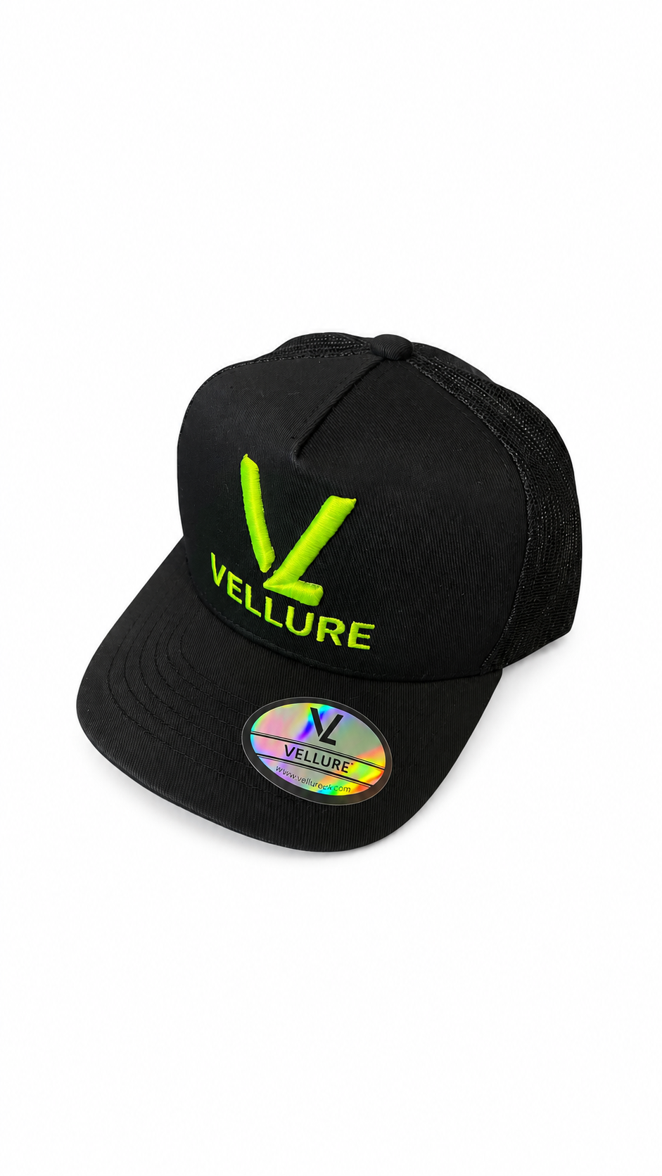 Black VELLURE Trucker Cap – Neon Green Logo Limited Edition