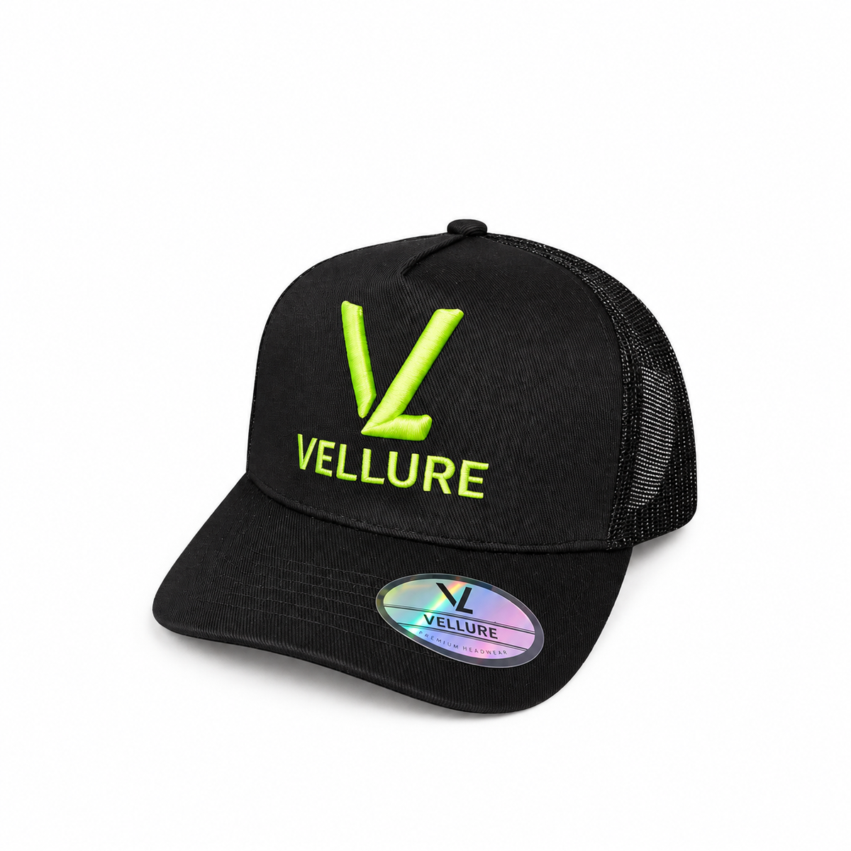 Black VELLURE Trucker Cap – Neon Green Logo Limited Edition