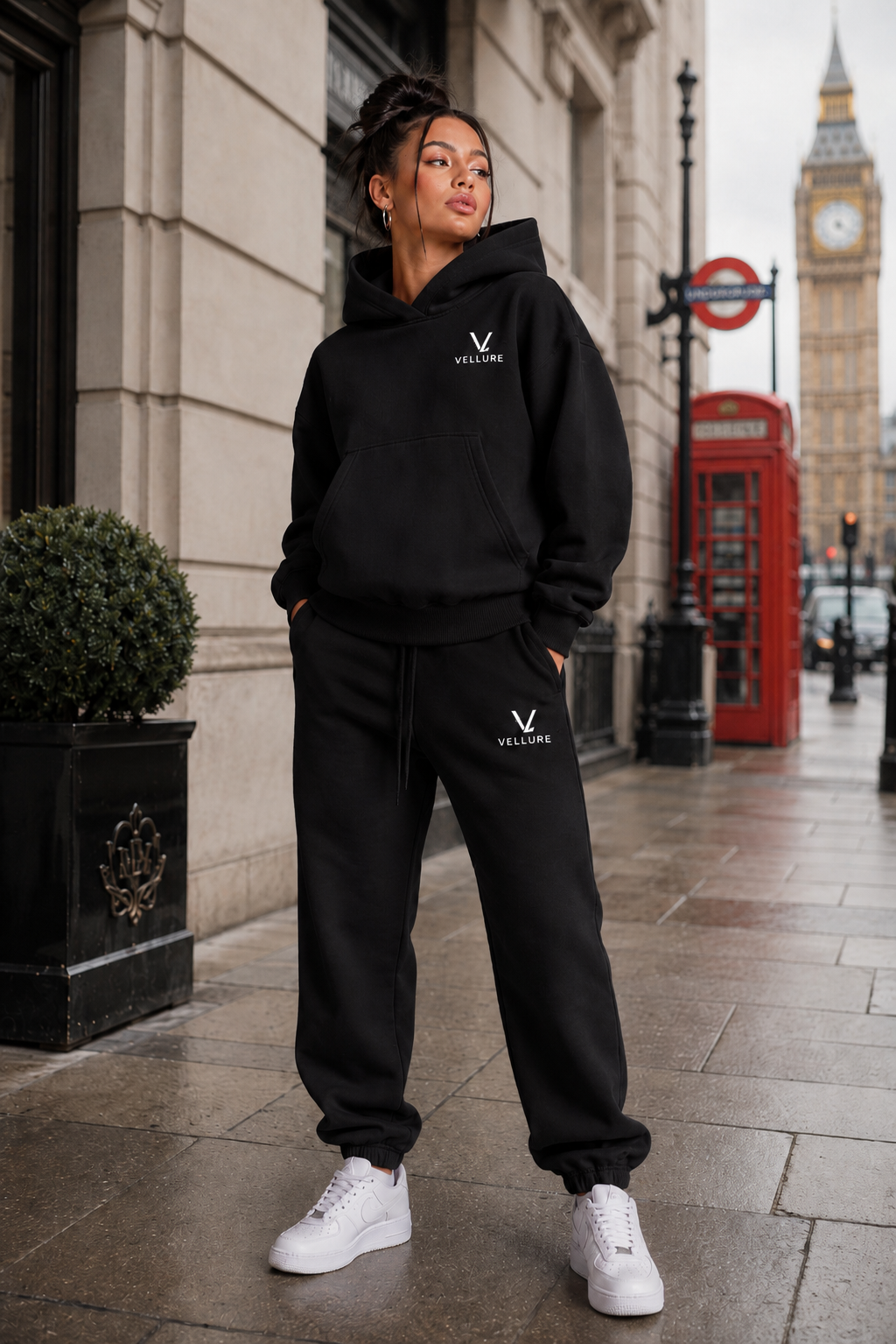Black Cotton Fleece Hooded Tracksuit