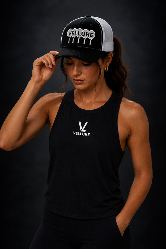 VELLURE TRUCKER STYLE BLACK AND WHITE CAP