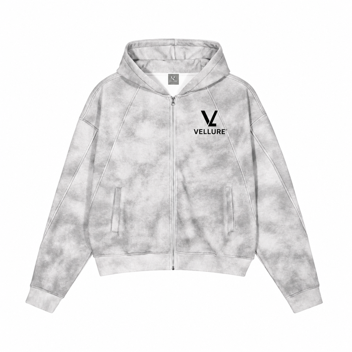 Flower Grey Dirty-Washed Zip-Up Fleece Hoodie
