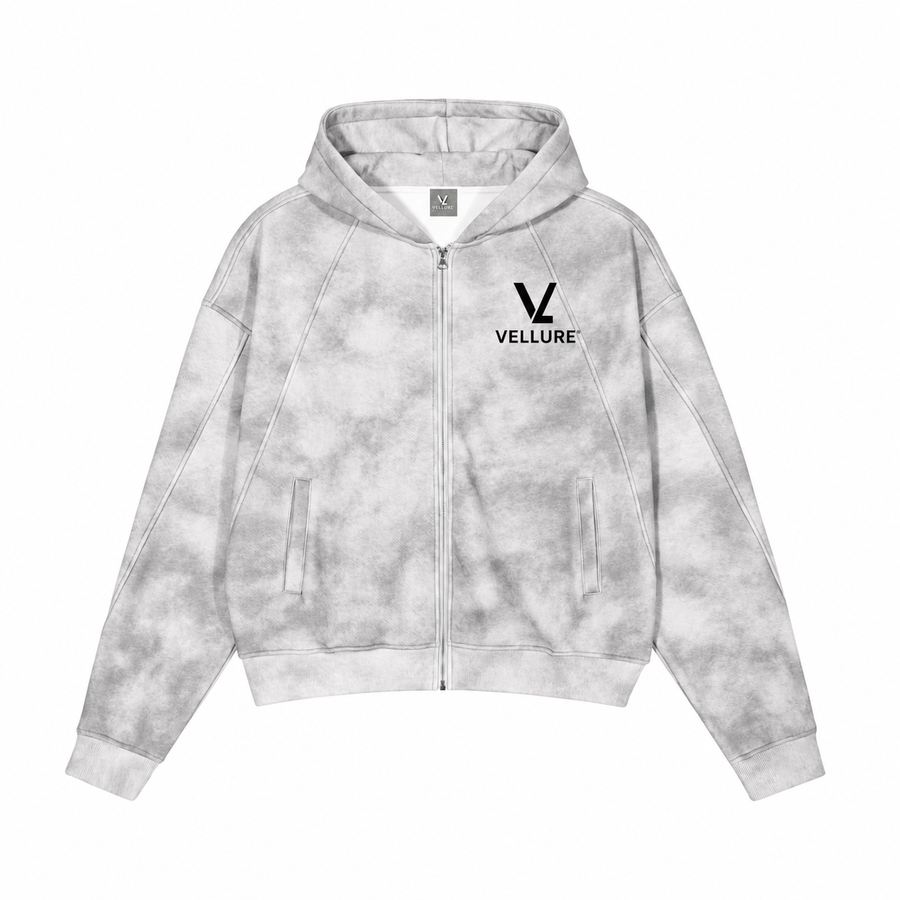 Flower Grey Dirty-Washed Zip-Up Fleece Hoodie on a plain white background