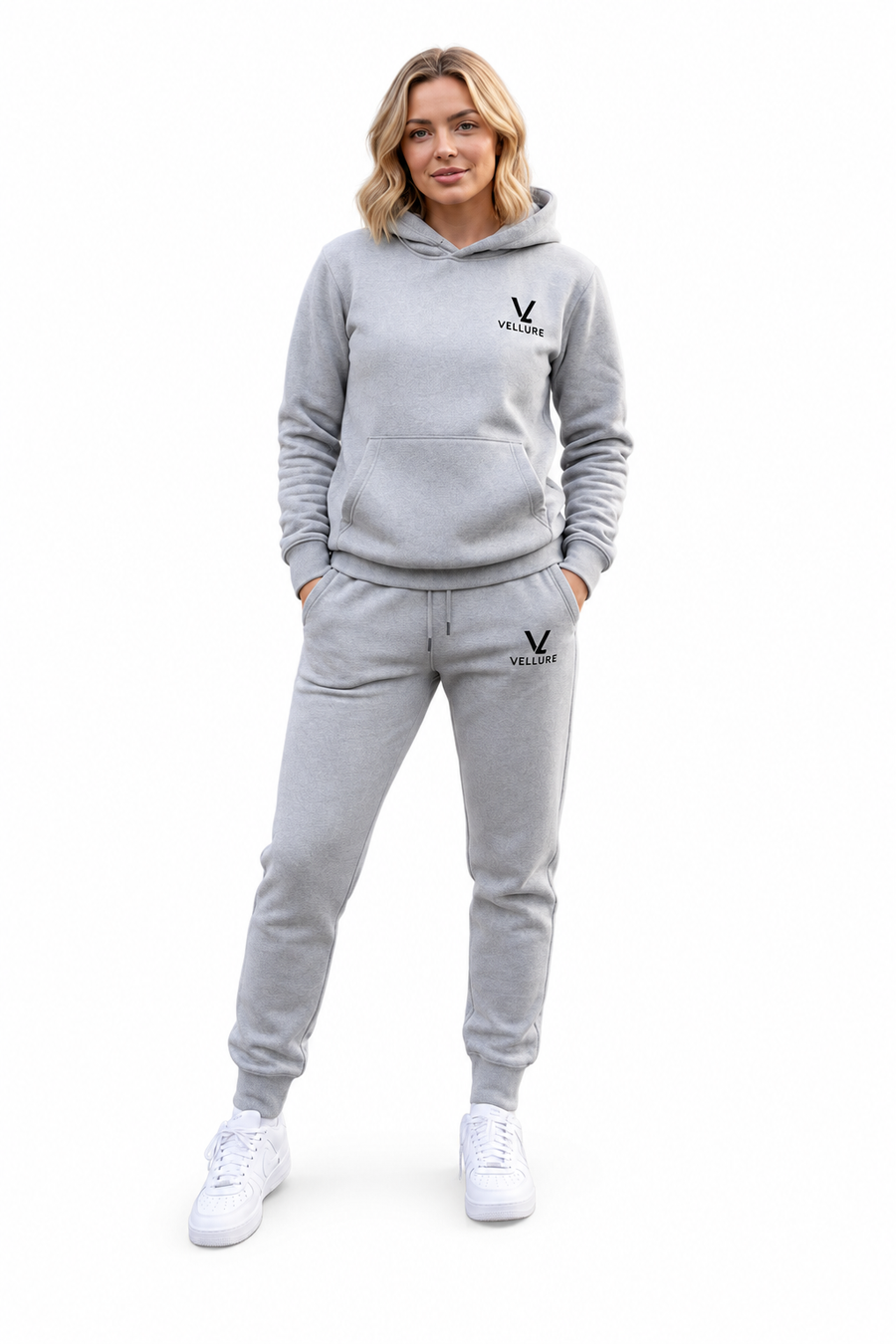 Grey Cotton Fleece Hooded Tracksuit on a plain white background