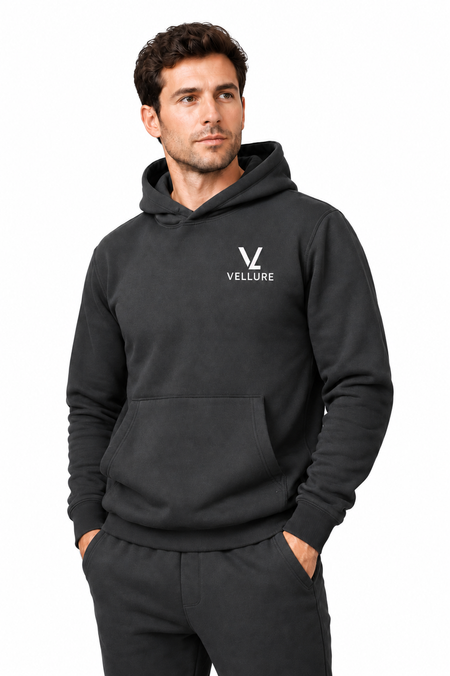 Grey VELLURE Heavyweight Cotton Fleece Hoodie on white
