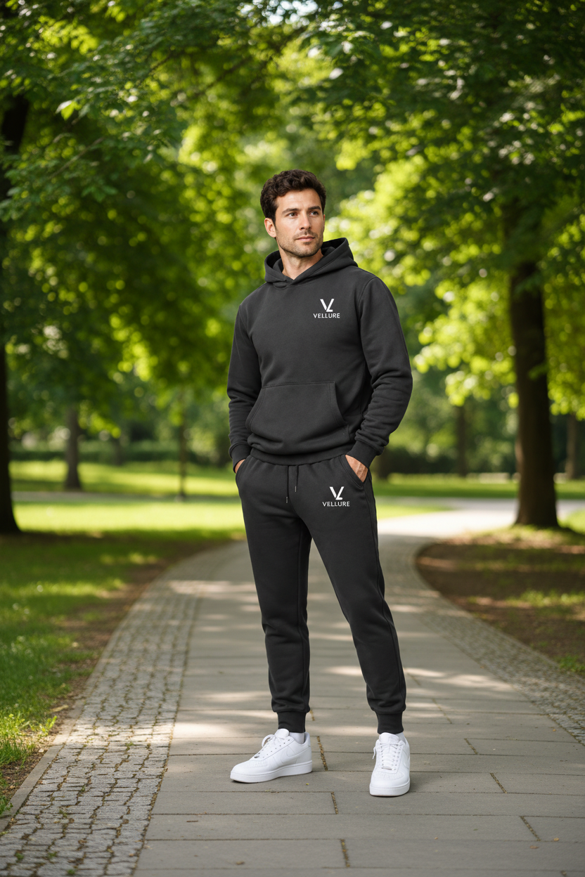 Charcoal Cotton Fleece Hooded Tracksuit