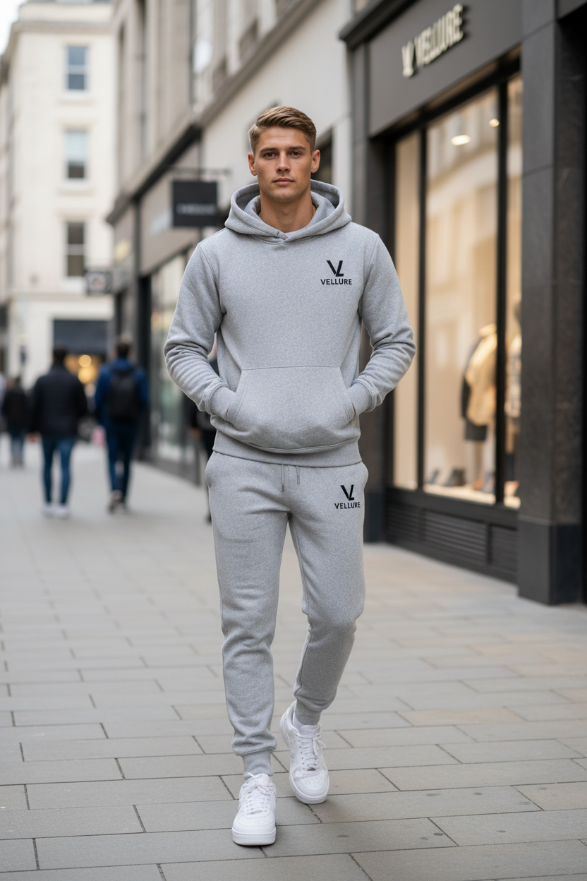 Grey Cotton Fleece Hooded Tracksuit