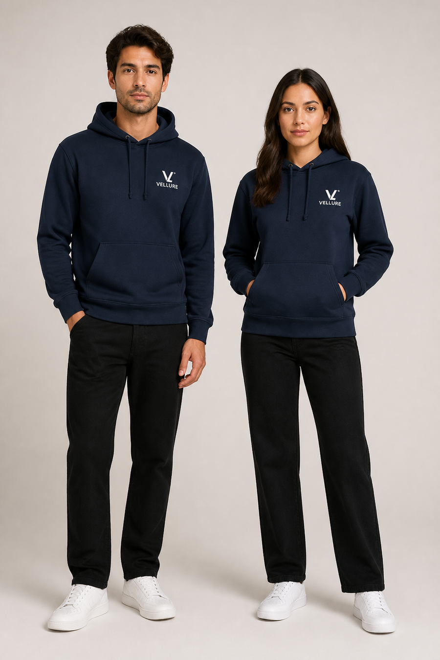 Medium navy VELLURE hoodie on male and female models