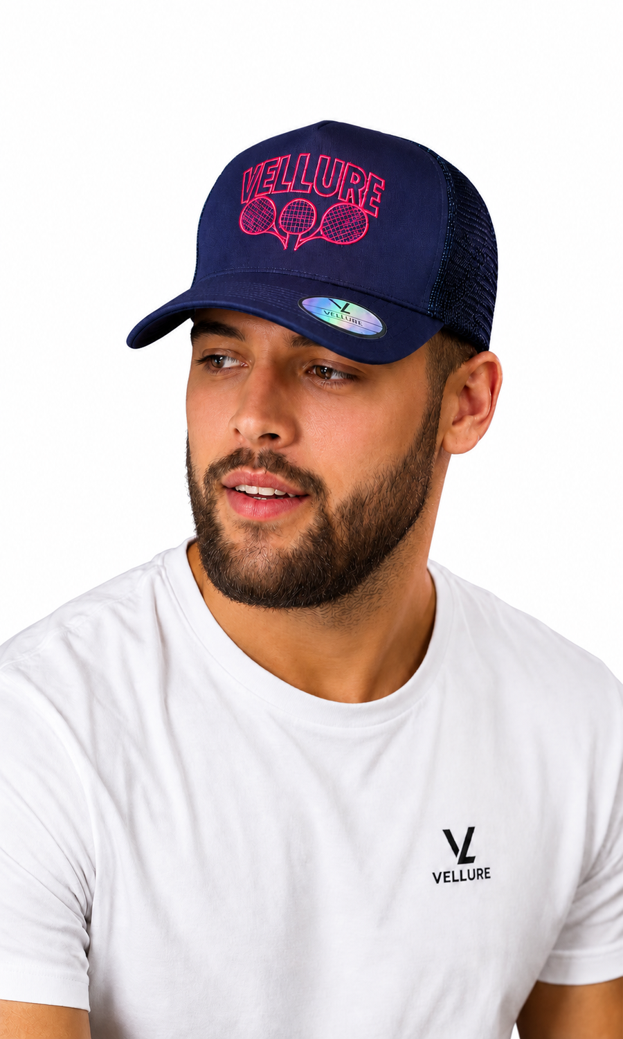 Navy VELLURE Trucker Cap – Pink Logo Limited Edition on a plain white background