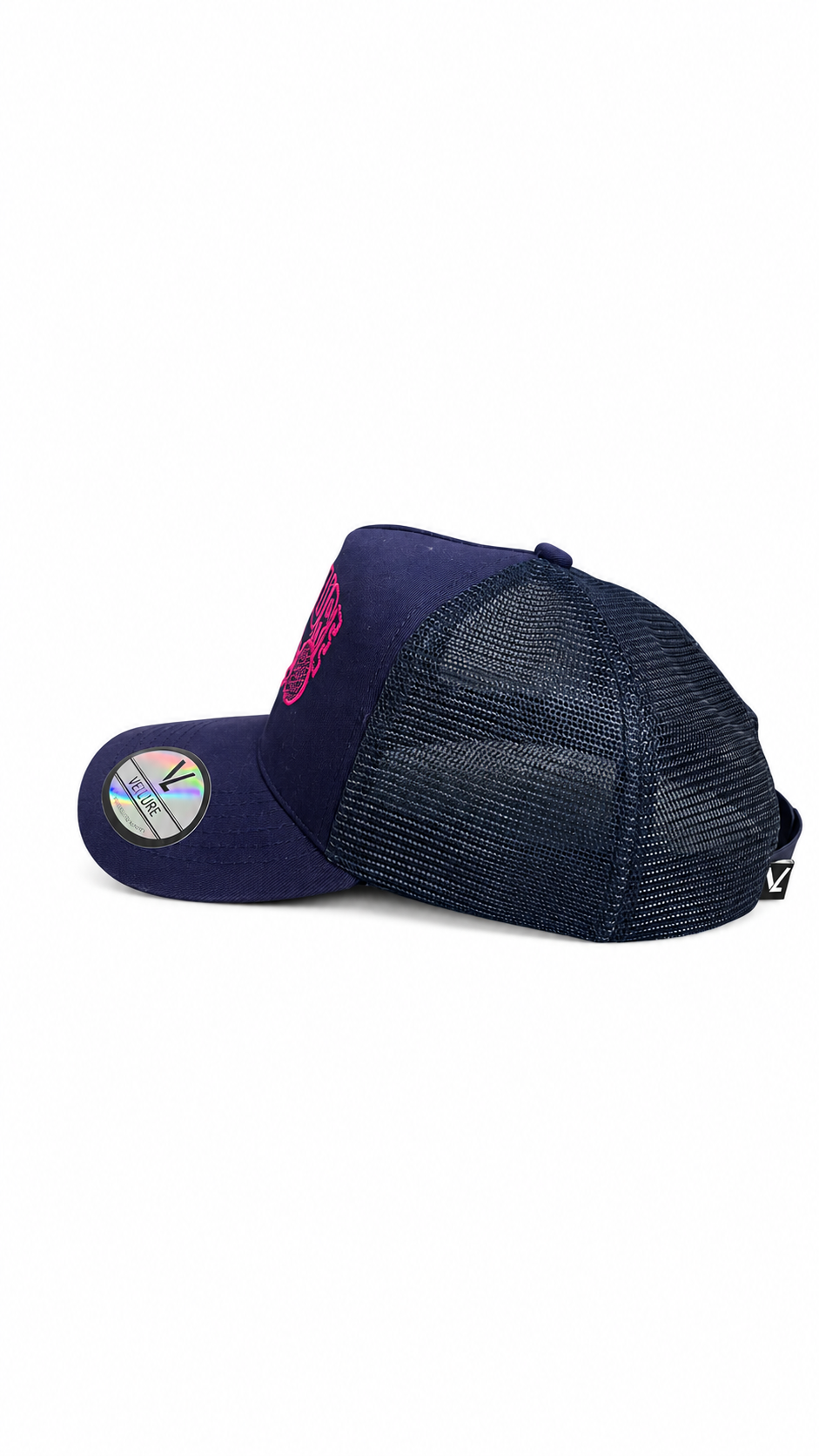 Navy VELLURE Trucker Cap – Pink Logo Limited Edition