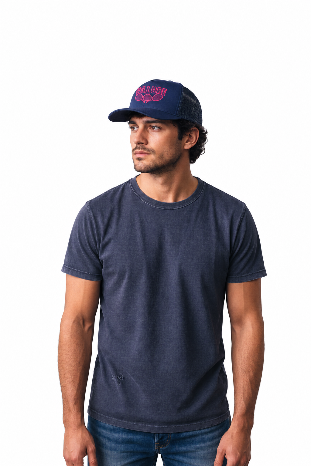 Navy VELLURE Trucker Cap – Pink Logo Limited Edition