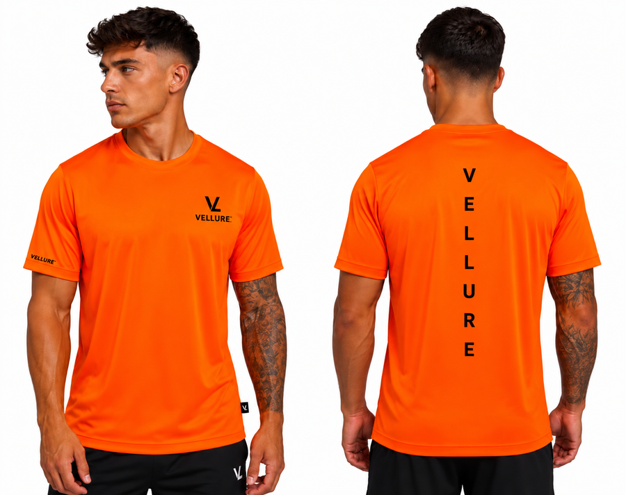 Orange VELLURE Signature Aero T-shirt front and back on white