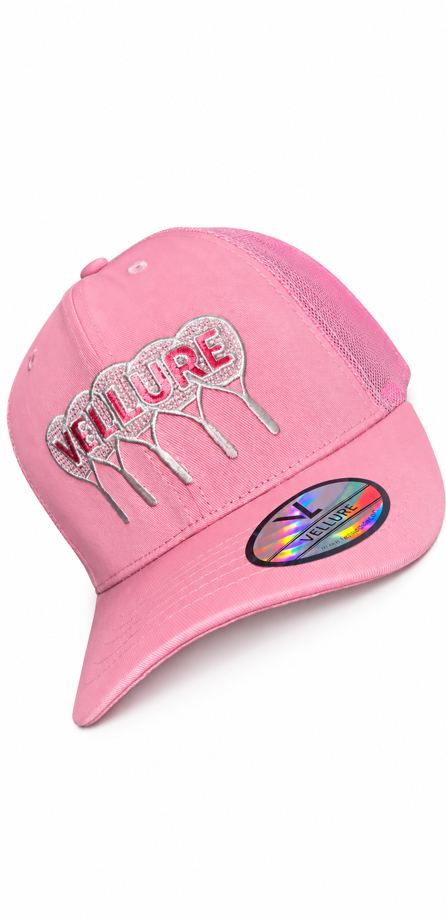 Pastel Pink VELLURE Performance Trucker Cap on a plain white background