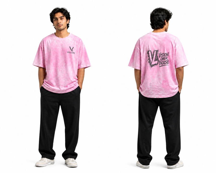 Pink Tie-Dye Vision Over Noise T-Shirt – End of Line on a plain white background