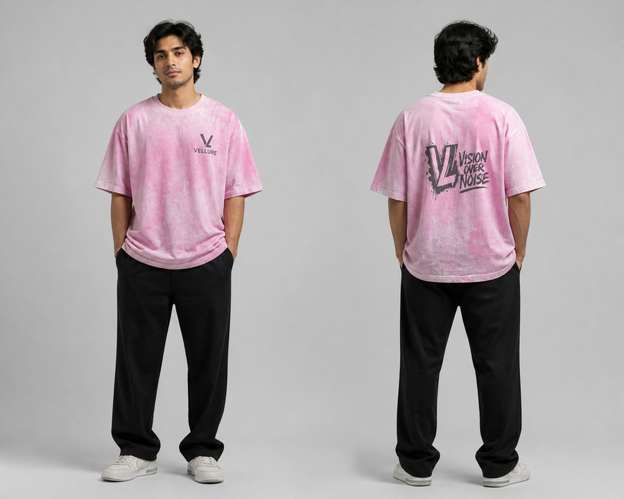 Male model wearing pink tie-dye VELLURE Vision Over Noise T-shirt, front and rear views
