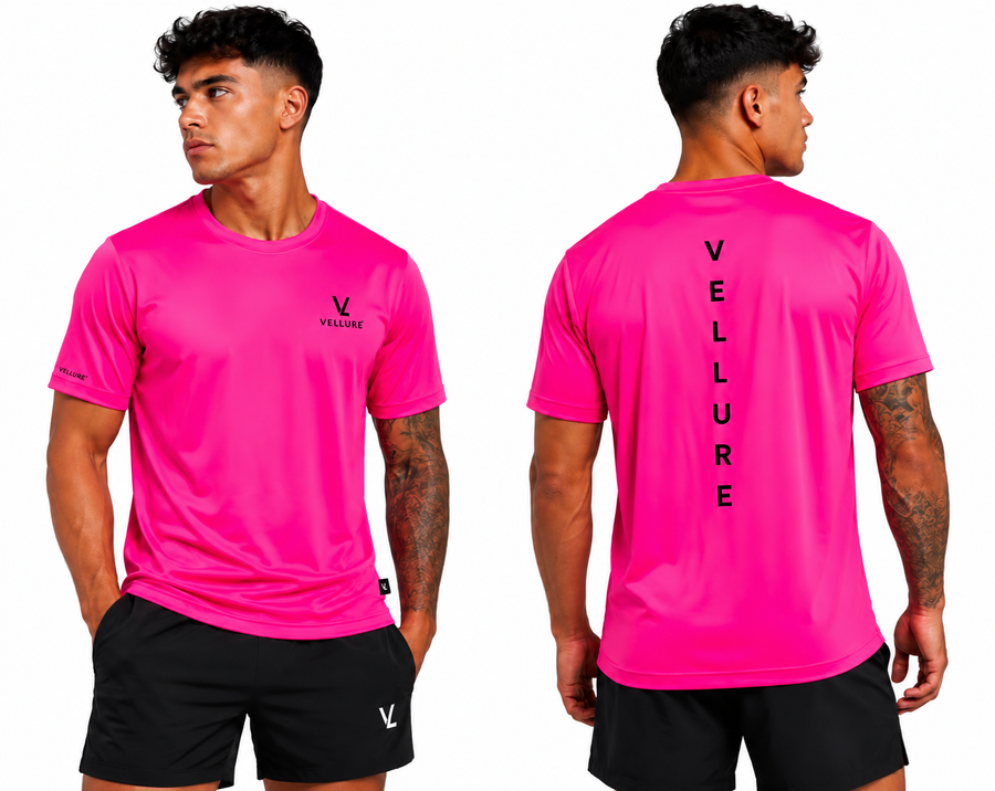 Pink VELLURE Signature Aero T-shirt front and back on white