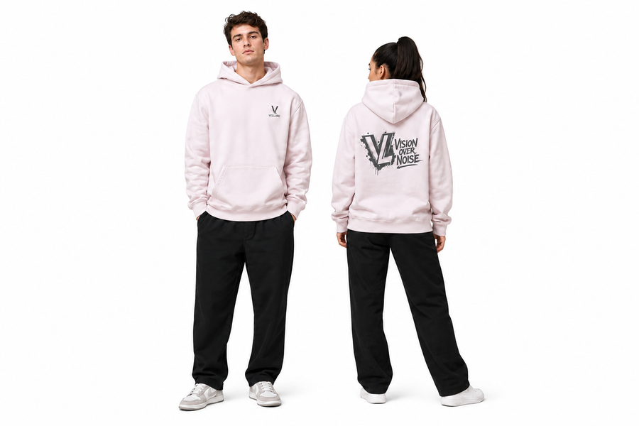 Pink Vision Over Noise Hoodie – End of Line on a plain white background