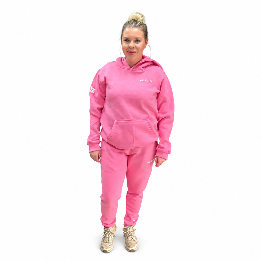 VELLURE Bubblegum Pink V2 Signature Vision Over Noise Tracksuit on a plain white background