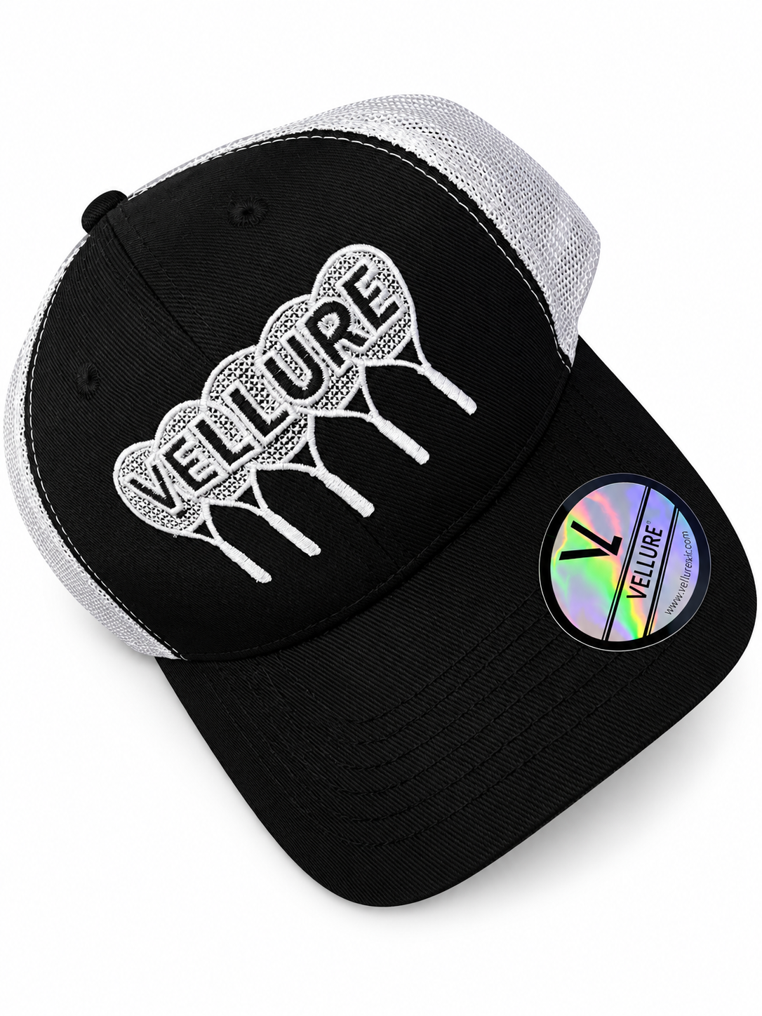 Black VELLURE Performance Trucker Cap – White Logo