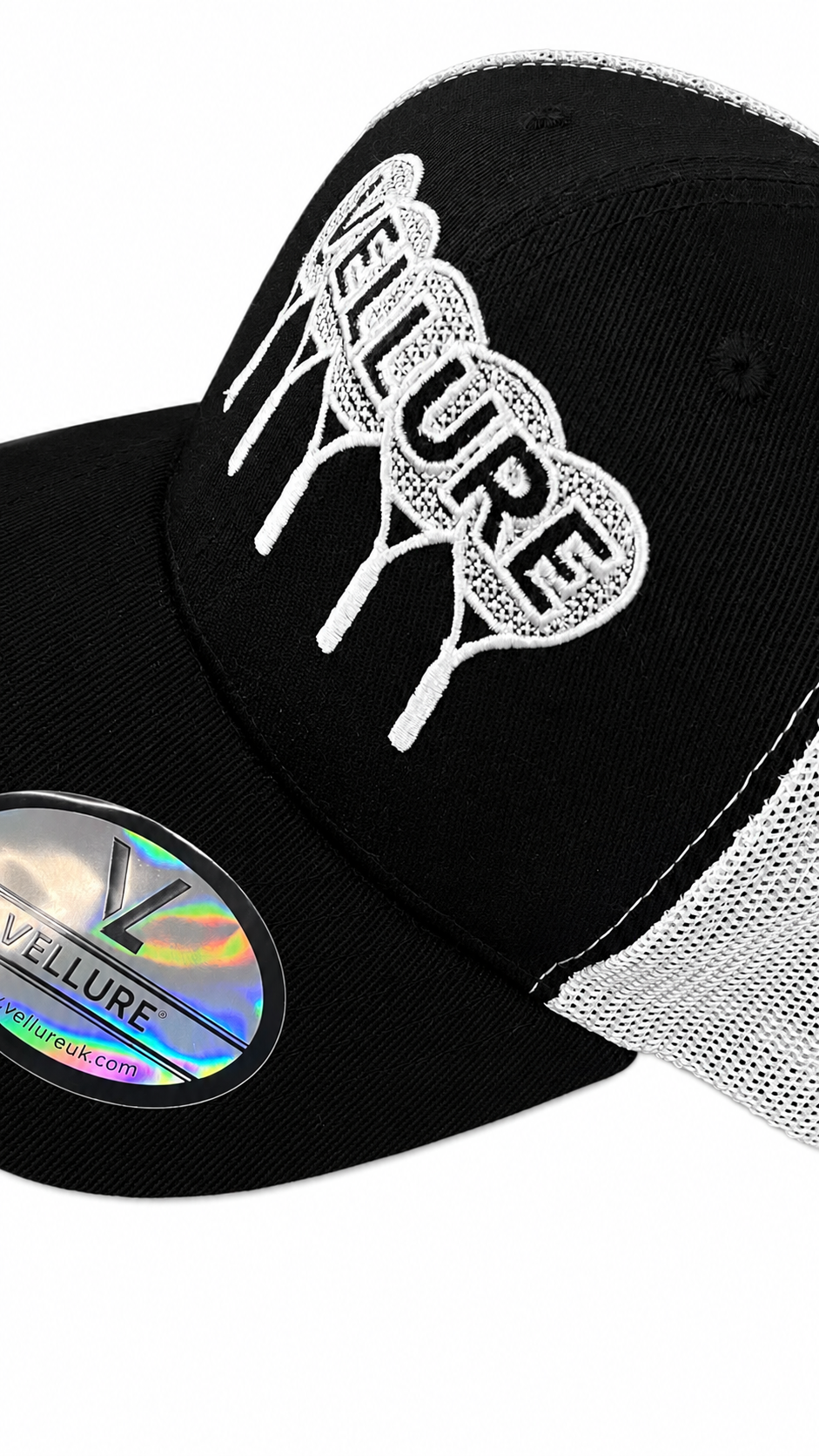 Black VELLURE Performance Trucker Cap – White Logo