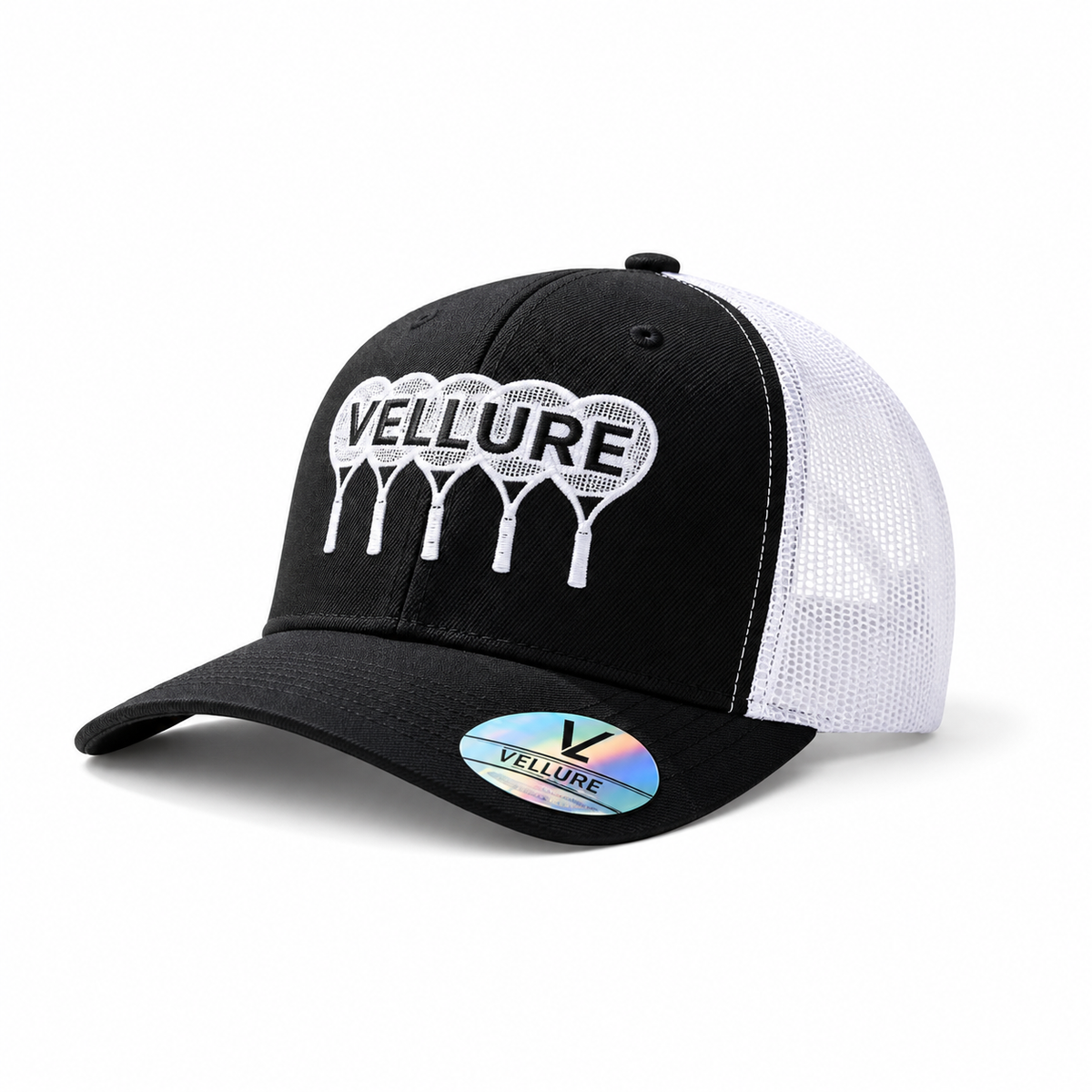 Black VELLURE Performance Trucker Cap – White Logo