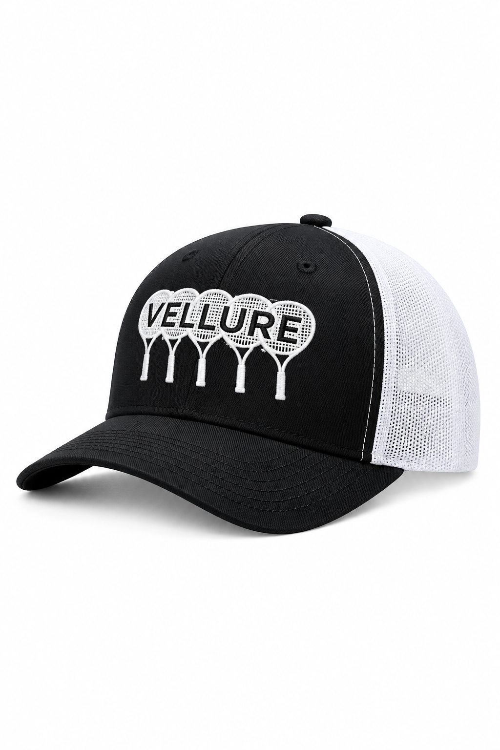Black VELLURE Performance Trucker Cap – White Logo
