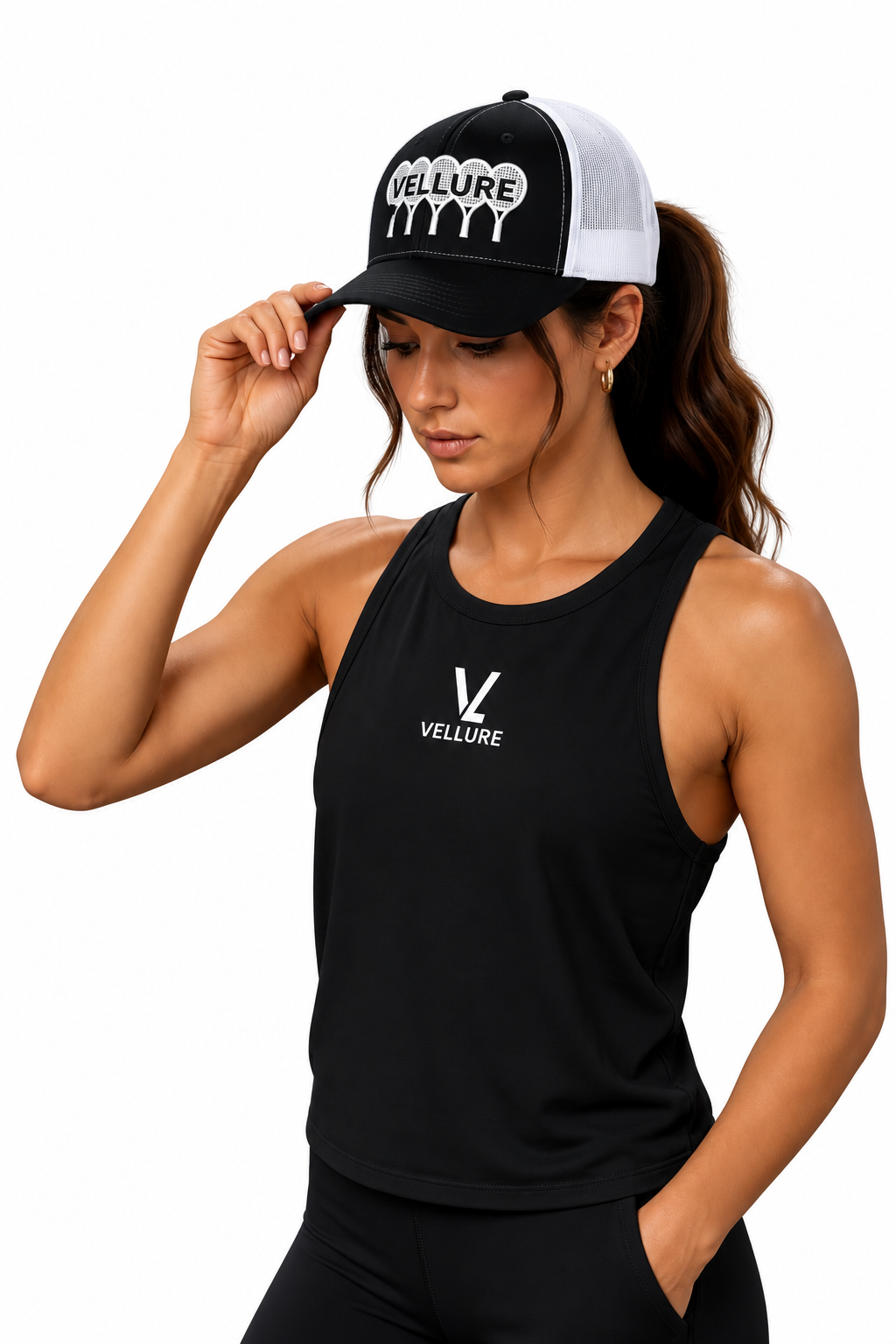 Black VELLURE Performance Trucker Cap – White Logo