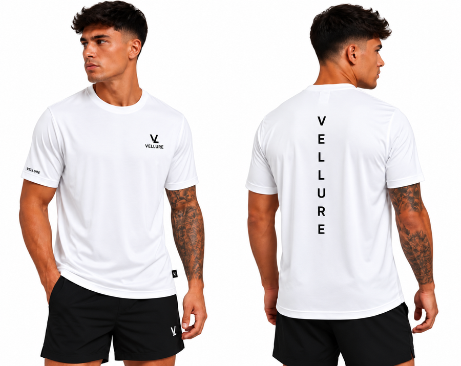 White VELLURE Signature Aero T-shirt front and back on white
