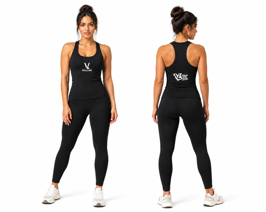 Women’s Black Stretch Ribbed Gym Vest – End of Line on a plain white background