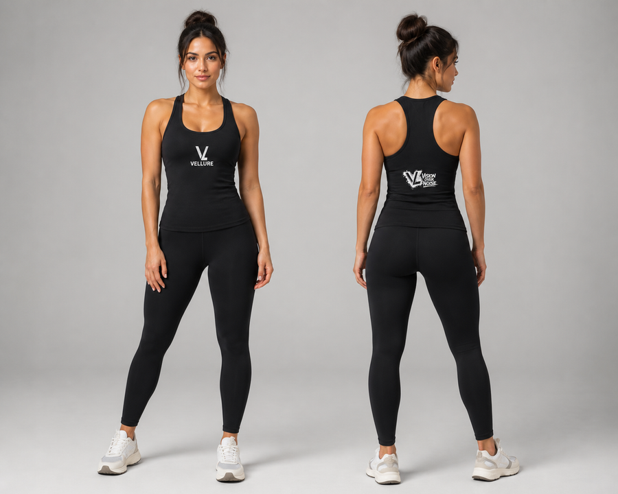 Female model wearing VELLURE black ribbed racerback gym vest, front and rear views
